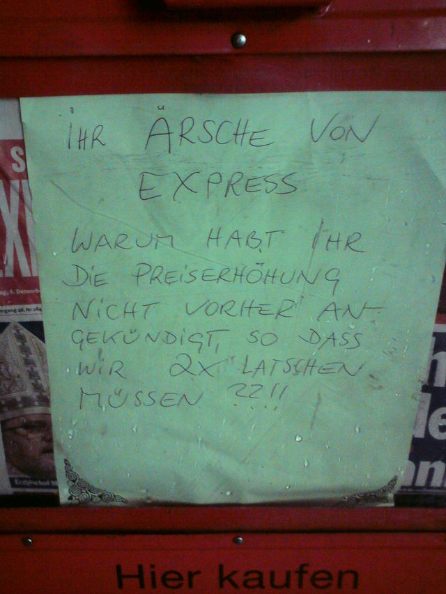 express aersche aufregung puls teuerer teuro express zettel zeitungsautomat 